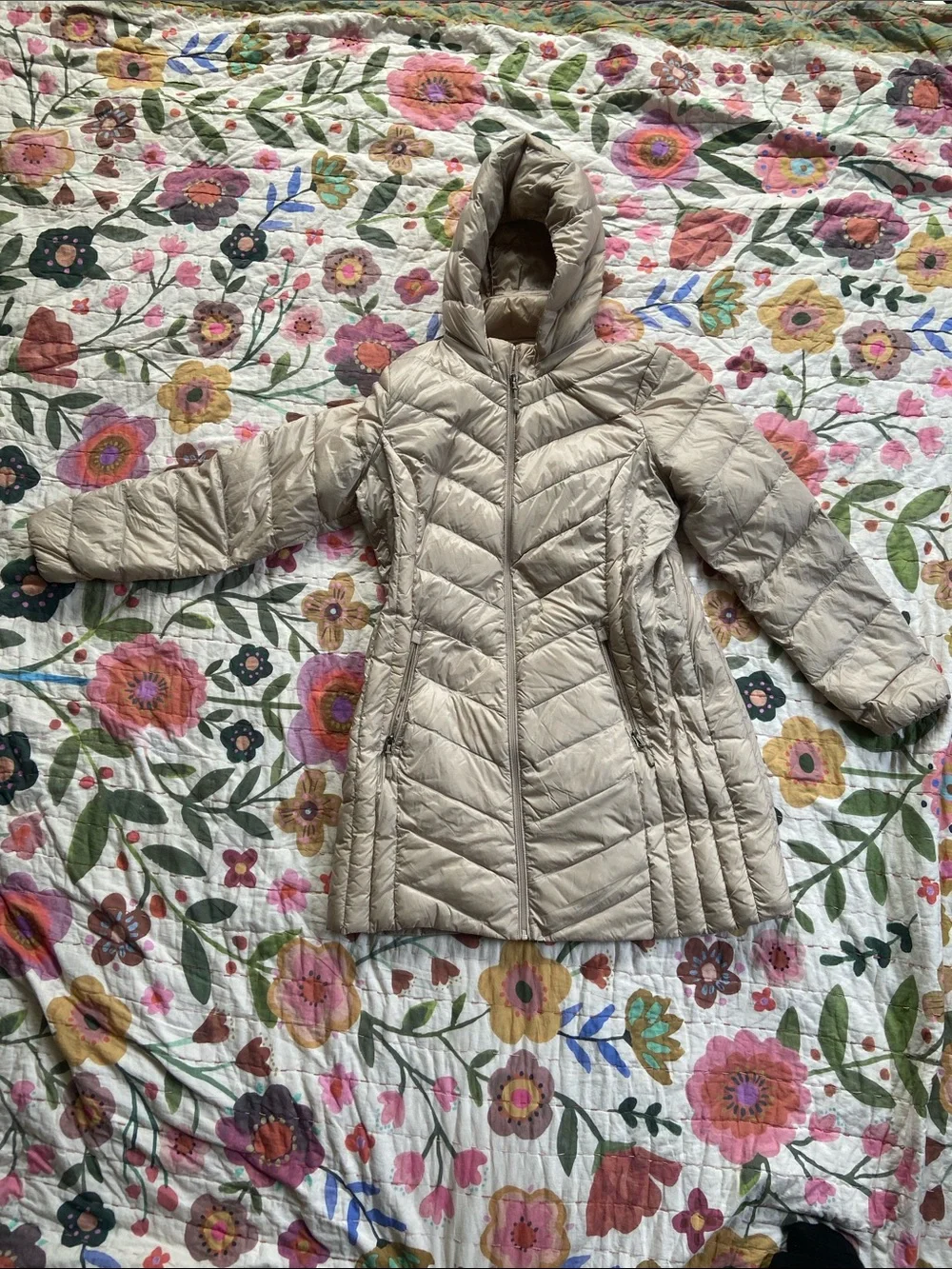 32 Degrees Quilted Puffer Coat with Detachable Hood Champagne Light Beige Large